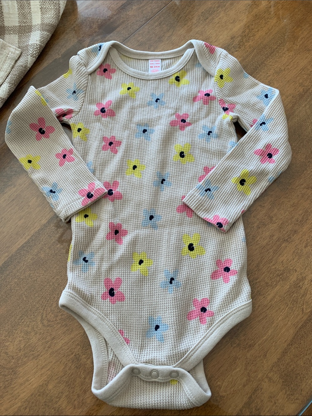 Joe Fresh Long-Sleeve Waffle Knit Bodysuit - Cream with Pink & Yellow Flowers